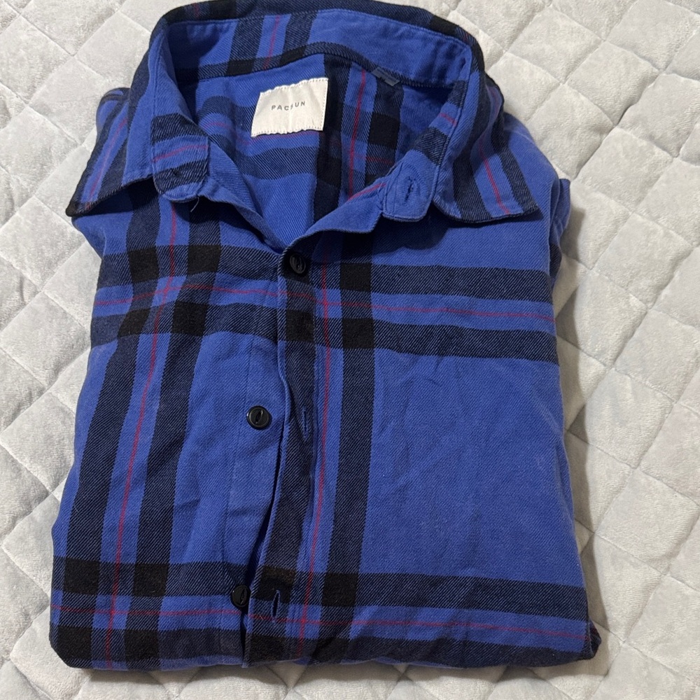 PacSun Men's Royal Blue & Black Plaid Button-Down Shirt